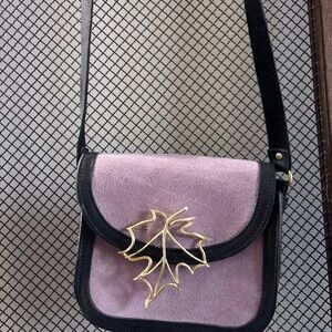 Lilac Suede Crossbody Bag with Gold Leaf Accent and Black Trim